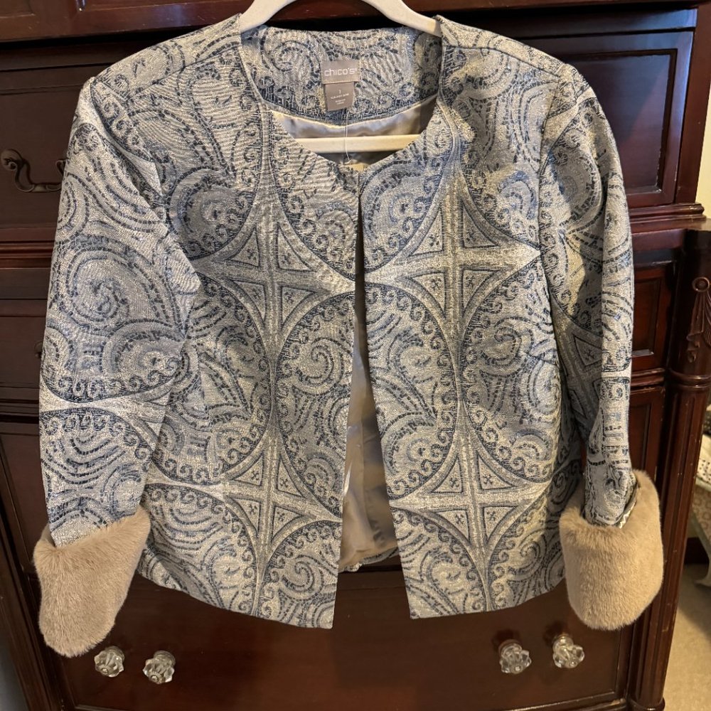 Chico's Tapestry Silver & Fur Jacket - Size 1